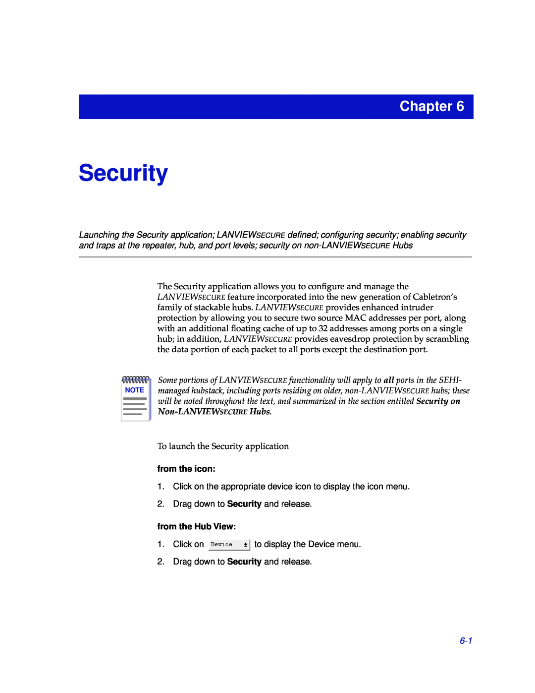 Cabletron Systems SEHI-22/24, SEHI-32/34 manual Security, Chapter, from the icon, from the Hub View 