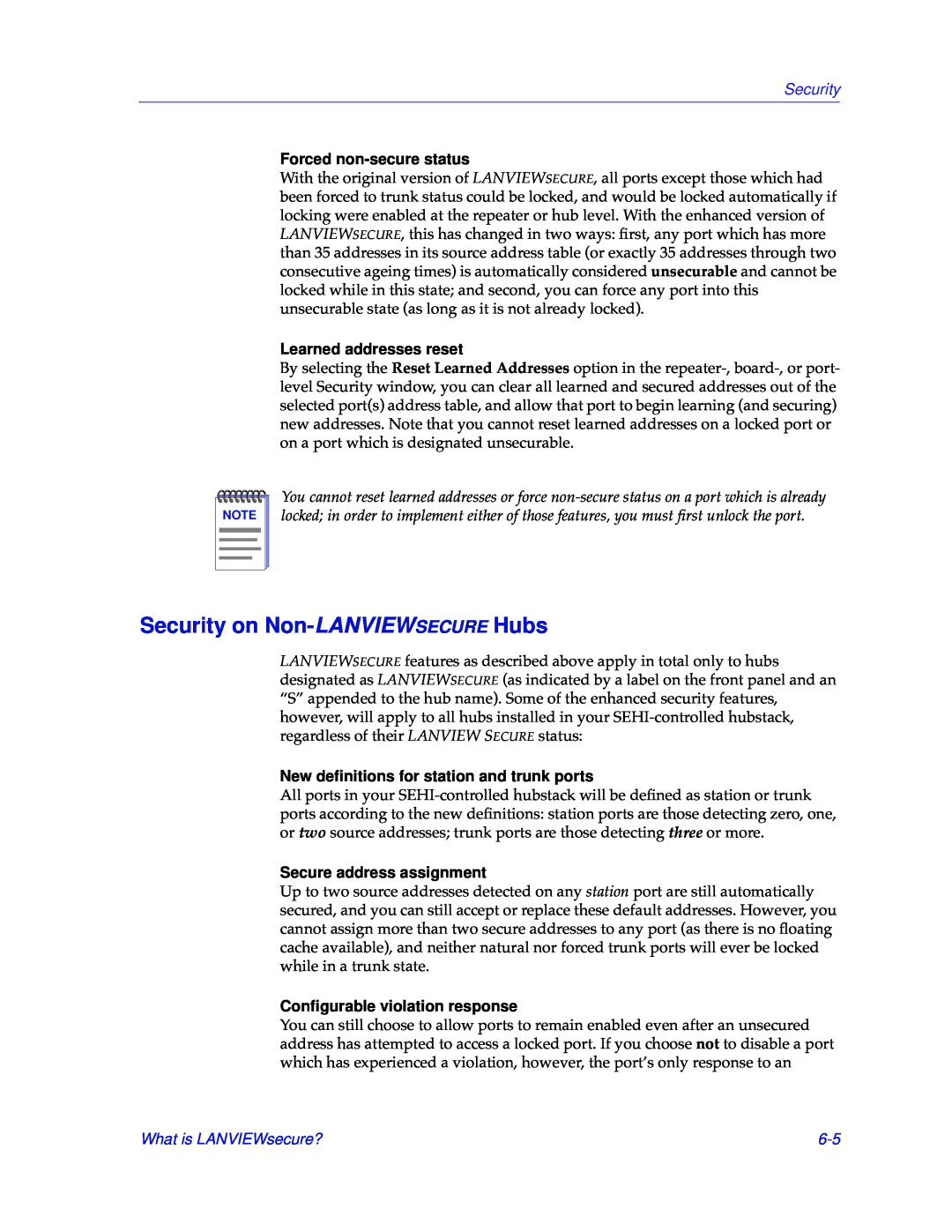 Cabletron Systems SEHI-22/24 manual Security on Non-LANVIEWSECURE Hubs, Forced non-secure status, Learned addresses reset 