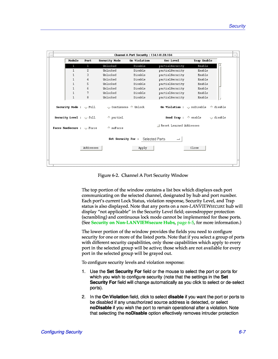 Cabletron Systems SEHI-22/24, SEHI-32/34 manual 2. Channel A Port Security Window, Conﬁguring Security 