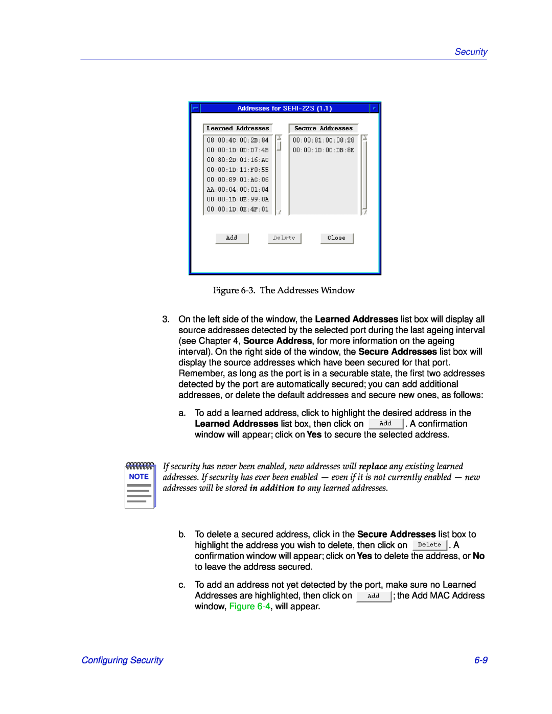 Cabletron Systems SEHI-22/24, SEHI-32/34 manual 3. The Addresses Window, Conﬁguring Security 