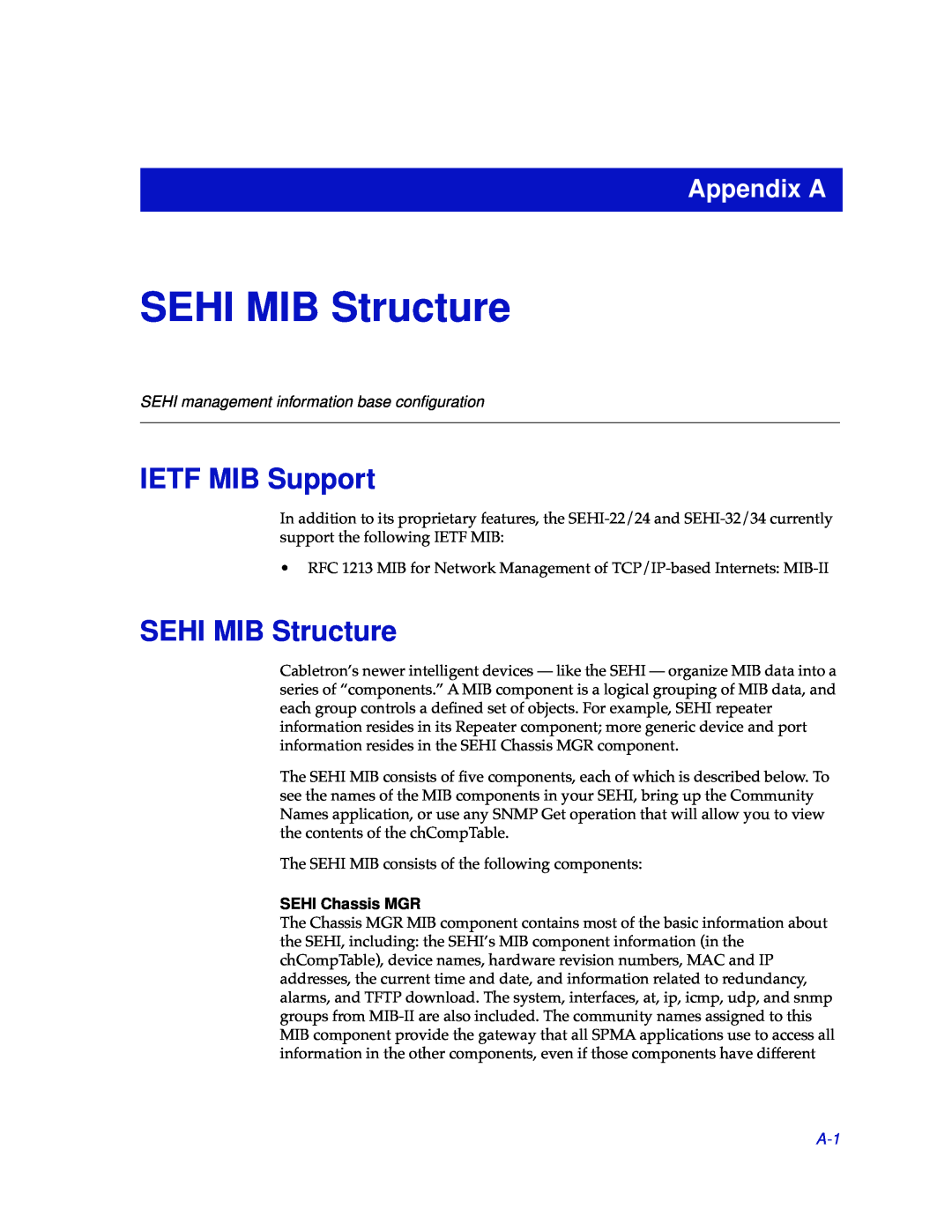 Cabletron Systems SEHI-22/24, SEHI-32/34 manual SEHI MIB Structure, IETF MIB Support, Appendix A, SEHI Chassis MGR 