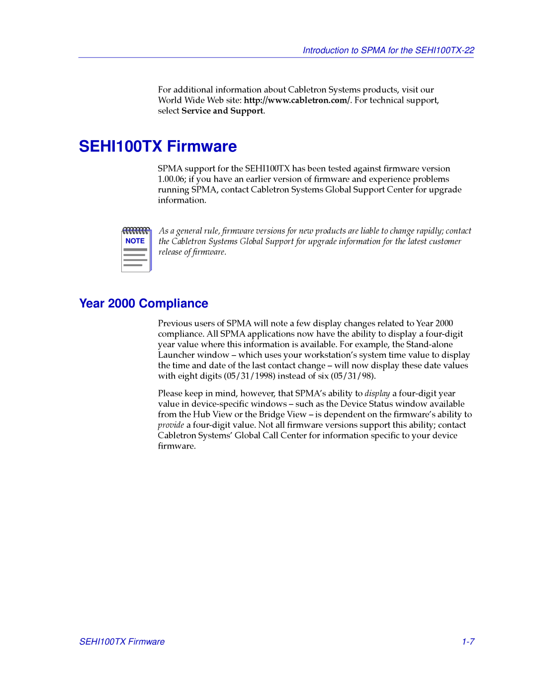 Cabletron Systems SEHI100TX-22 manual SEHI100TX Firmware, Year 2000 Compliance 