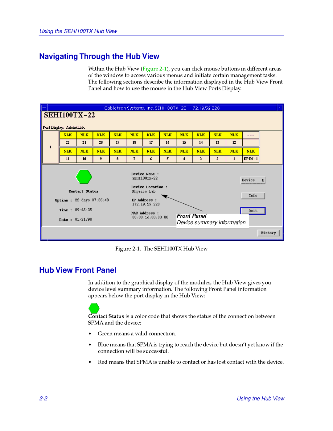 Cabletron Systems SEHI100TX-22 manual Navigating Through the Hub View, Hub View Front Panel 