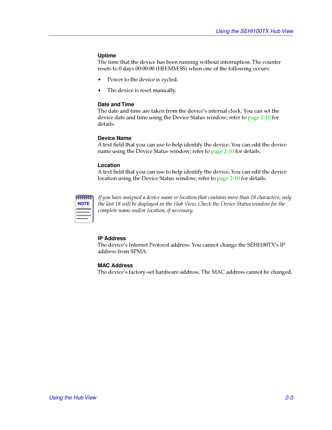 Cabletron Systems SEHI100TX-22 manual Uptime, Date and Time, Device Name, Location, IP Address, MAC Address 