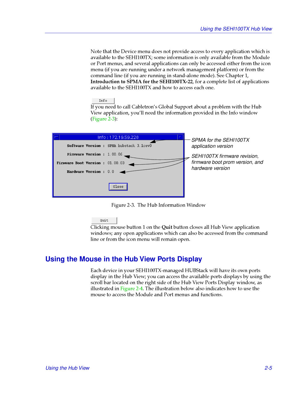 Cabletron Systems SEHI100TX-22 manual Using the Mouse in the Hub View Ports Display 