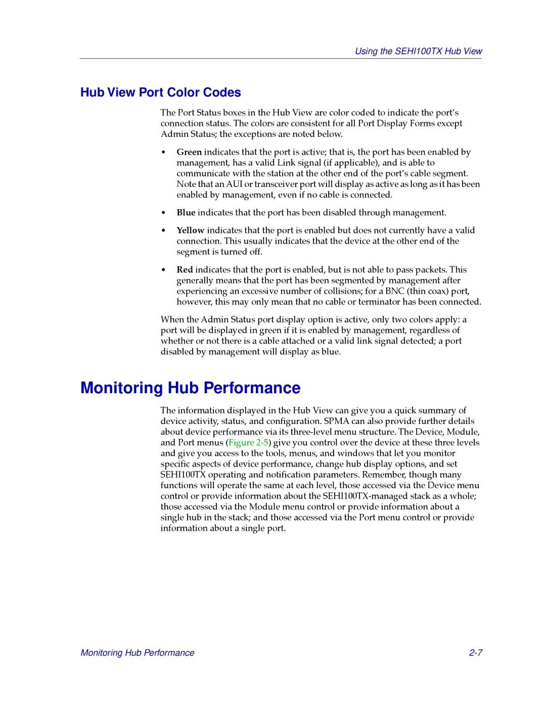 Cabletron Systems SEHI100TX-22 manual Monitoring Hub Performance, Hub View Port Color Codes 