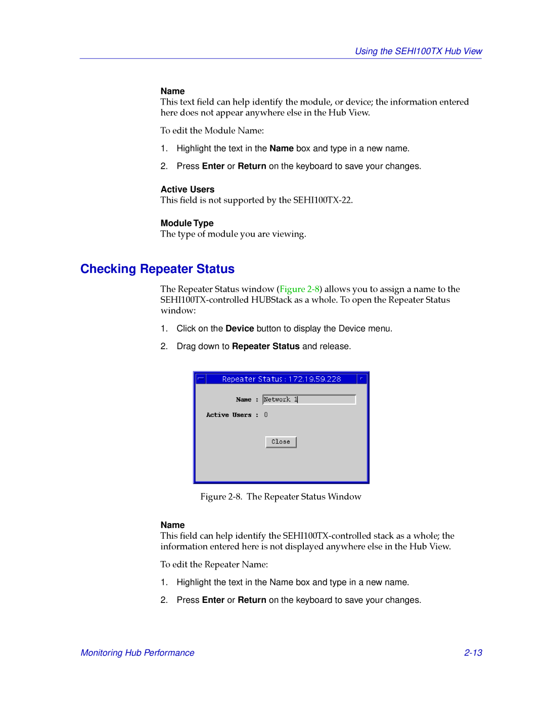 Cabletron Systems SEHI100TX-22 manual Checking Repeater Status, Name, Active Users, Module Type 