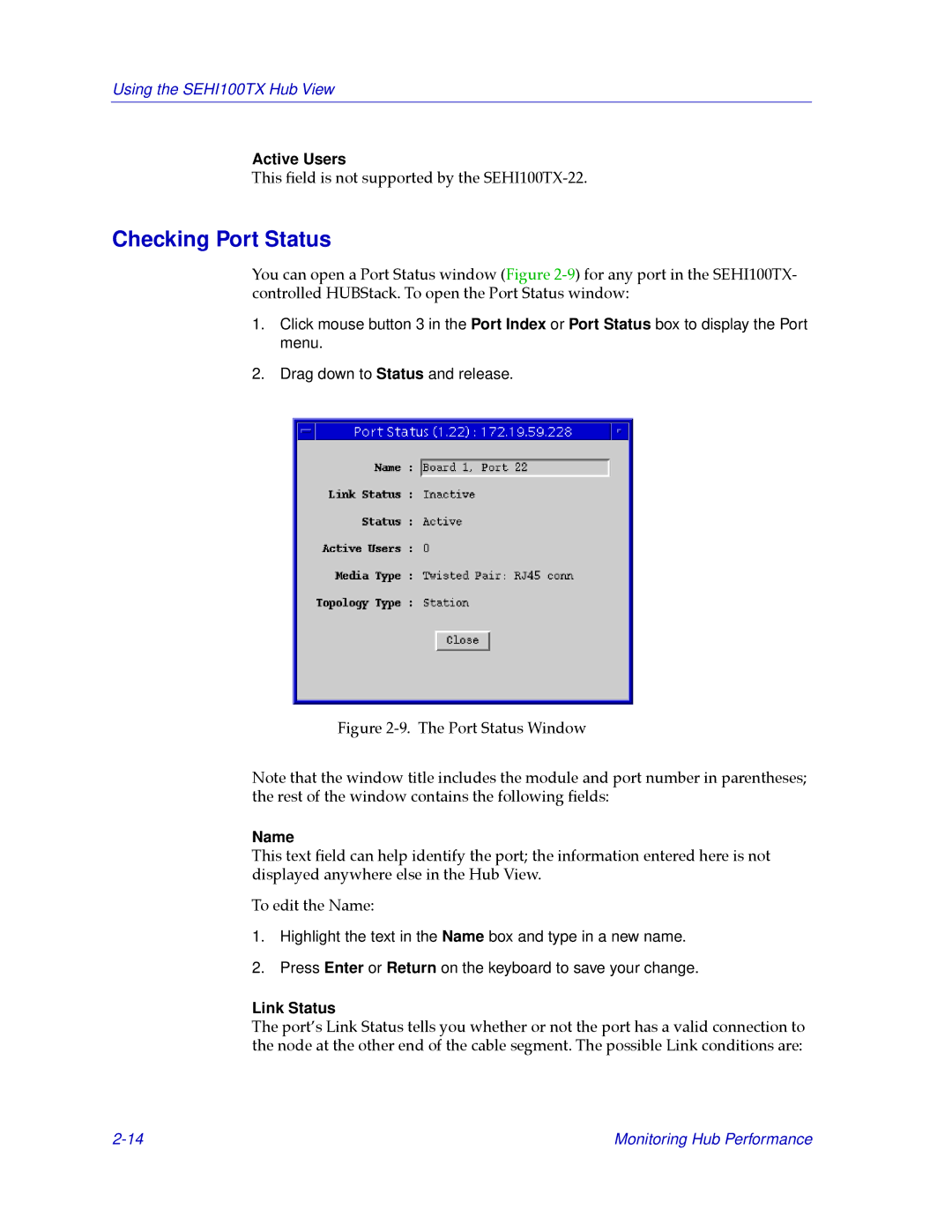 Cabletron Systems SEHI100TX-22 manual Checking Port Status, Link Status 