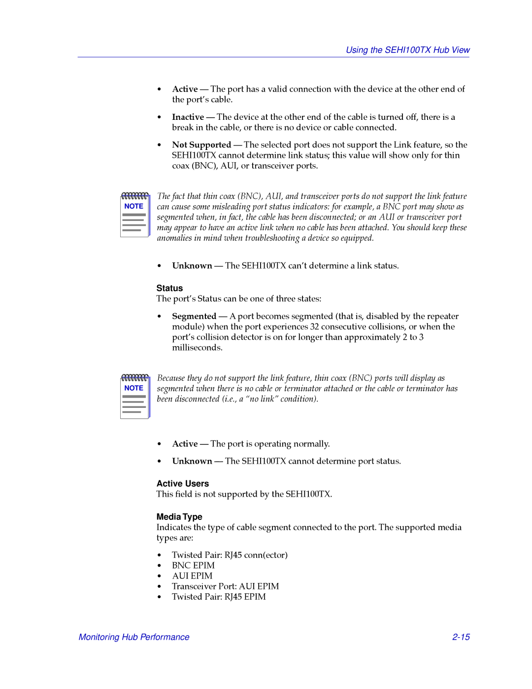 Cabletron Systems SEHI100TX-22 manual Status, Media Type 