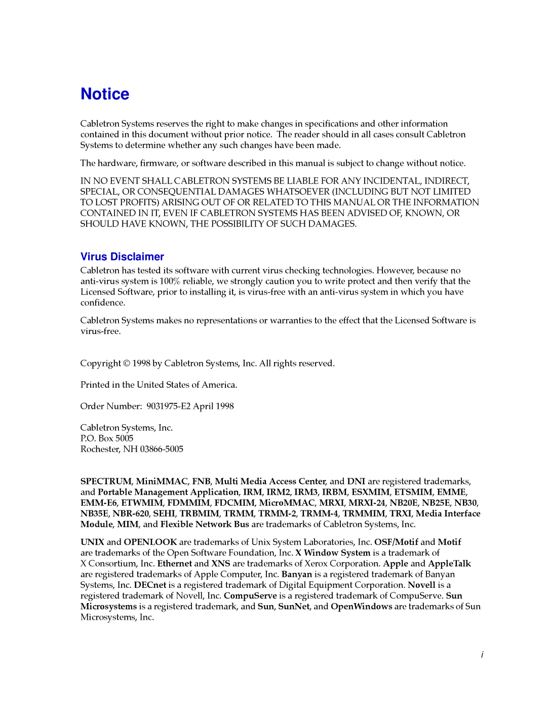 Cabletron Systems SEHI100TX-22 manual Virus Disclaimer 