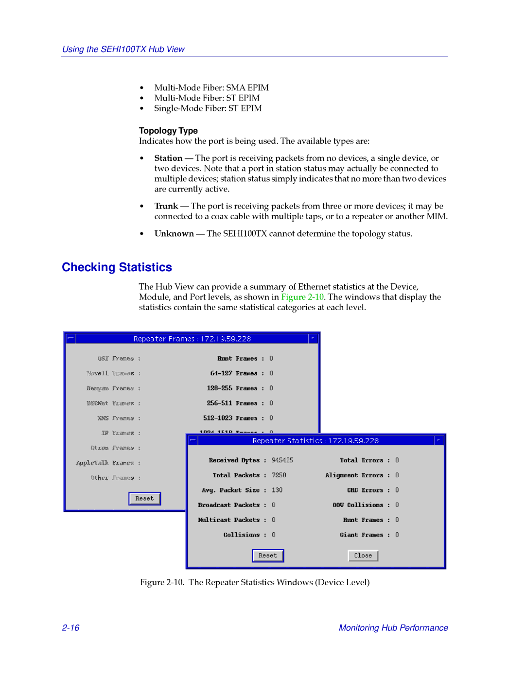 Cabletron Systems SEHI100TX-22 manual Checking Statistics, Topology Type 