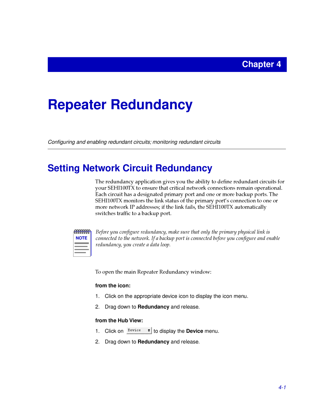 Cabletron Systems SEHI100TX-22 manual Repeater Redundancy, Setting Network Circuit Redundancy 