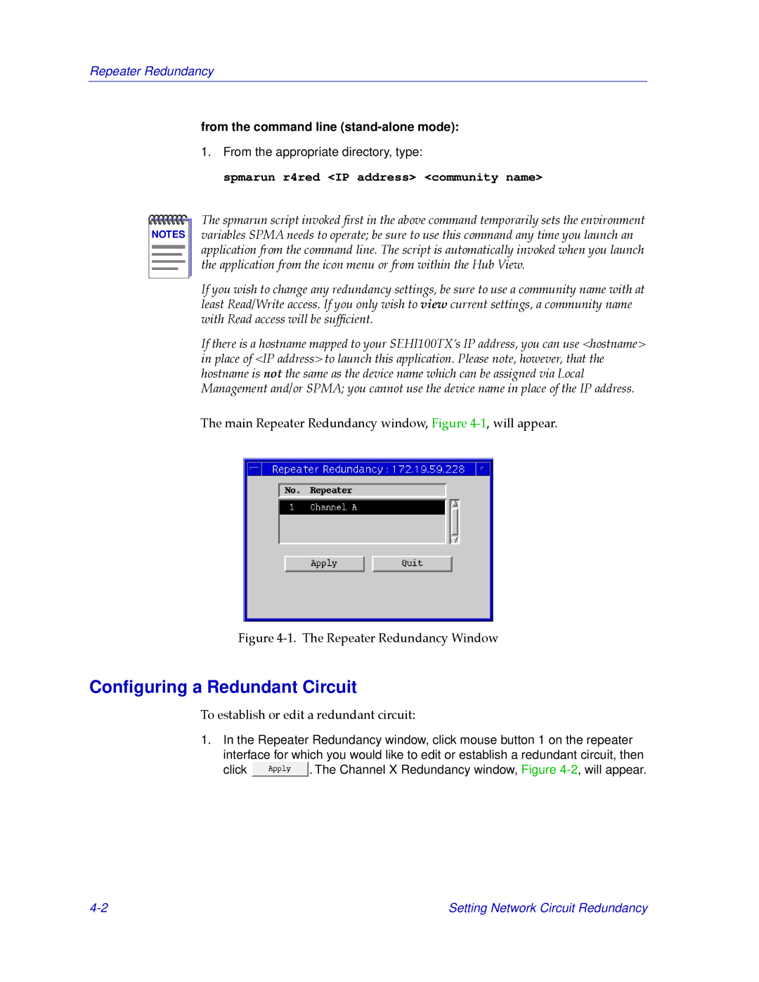 Cabletron Systems SEHI100TX-22 manual Conﬁguring a Redundant Circuit, Spmarun r4red IP address community name 