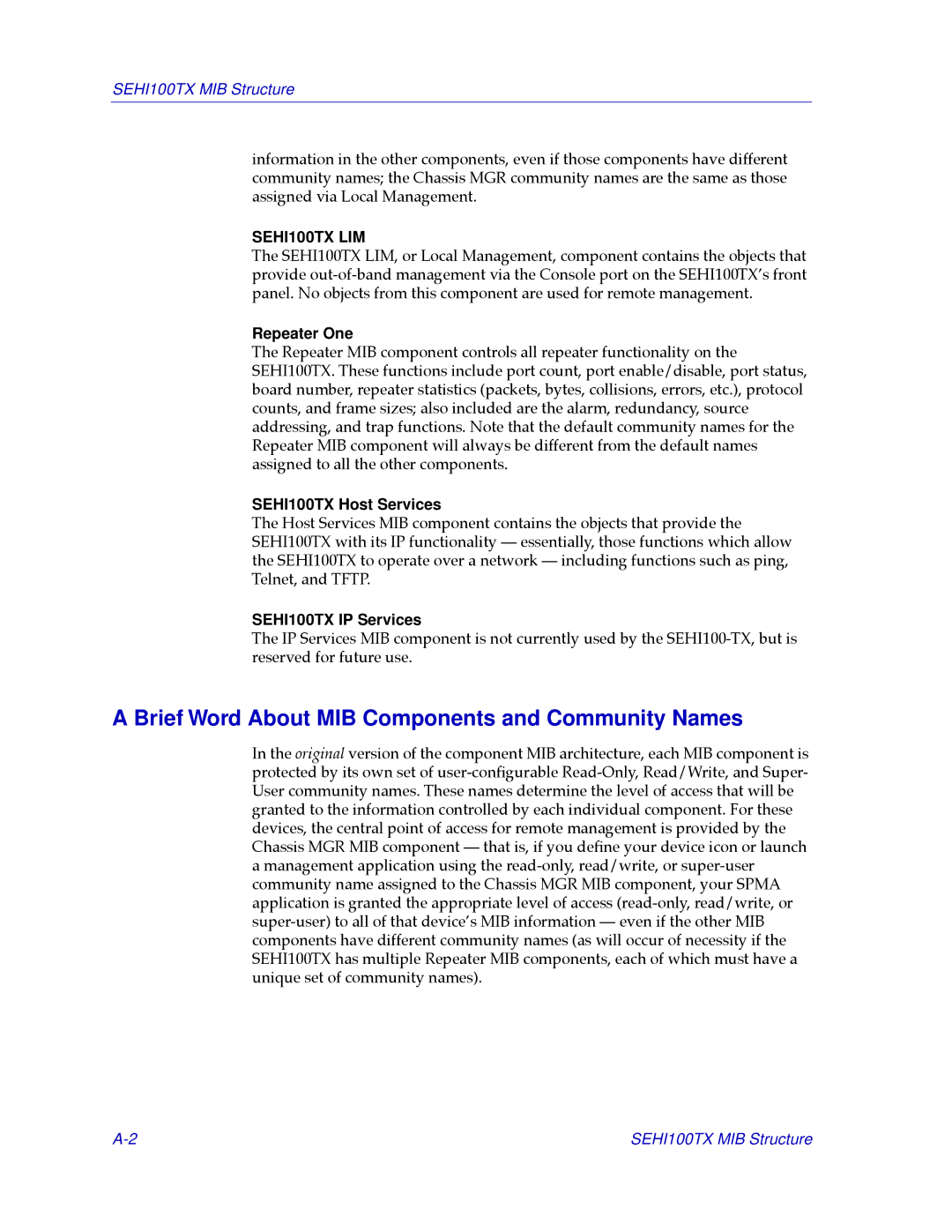 Cabletron Systems SEHI100TX-22 Brief Word About MIB Components and Community Names, Repeater One, SEHI100TX Host Services 