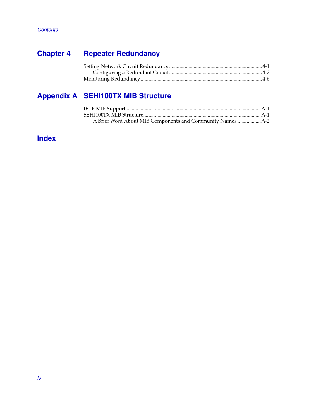 Cabletron Systems SEHI100TX-22 manual Chapter Repeater Redundancy, Appendix a SEHI100TX MIB Structure, Index 