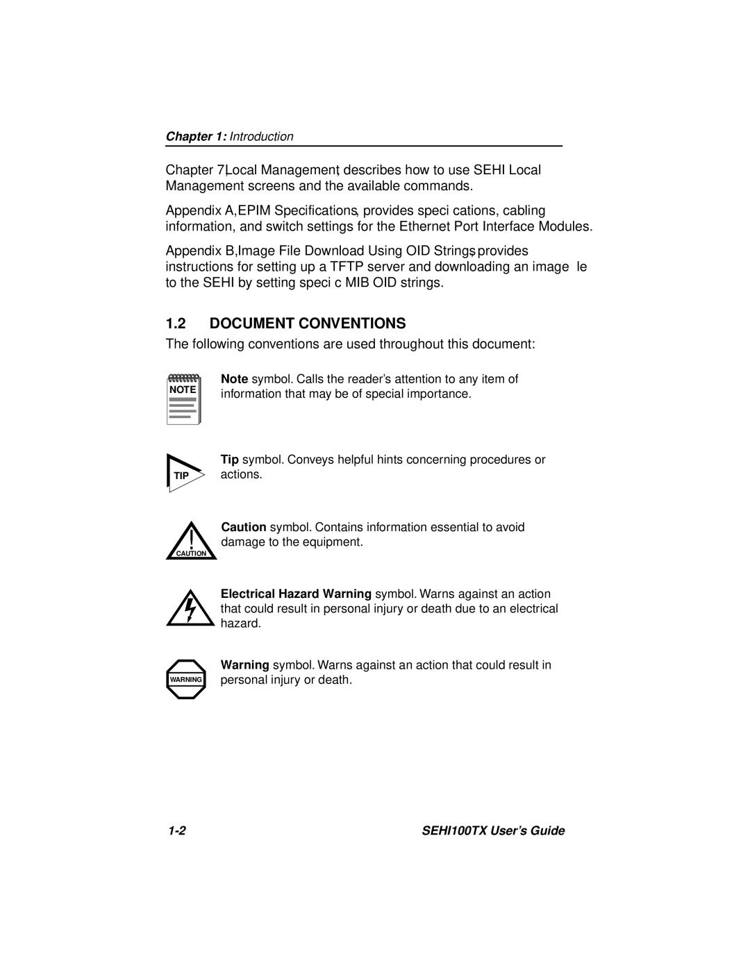 Cabletron Systems SEHI100TX-22 manual Document Conventions, Following conventions are used throughout this document 