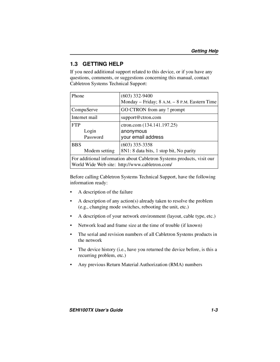 Cabletron Systems SEHI100TX-22 manual Getting Help, Your email address 