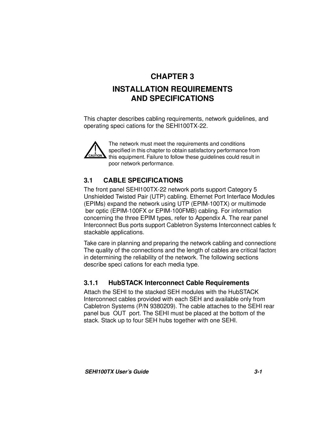 Cabletron Systems SEHI100TX-22 manual Chapter Installation Requirements Specifications, Cable Specifications 