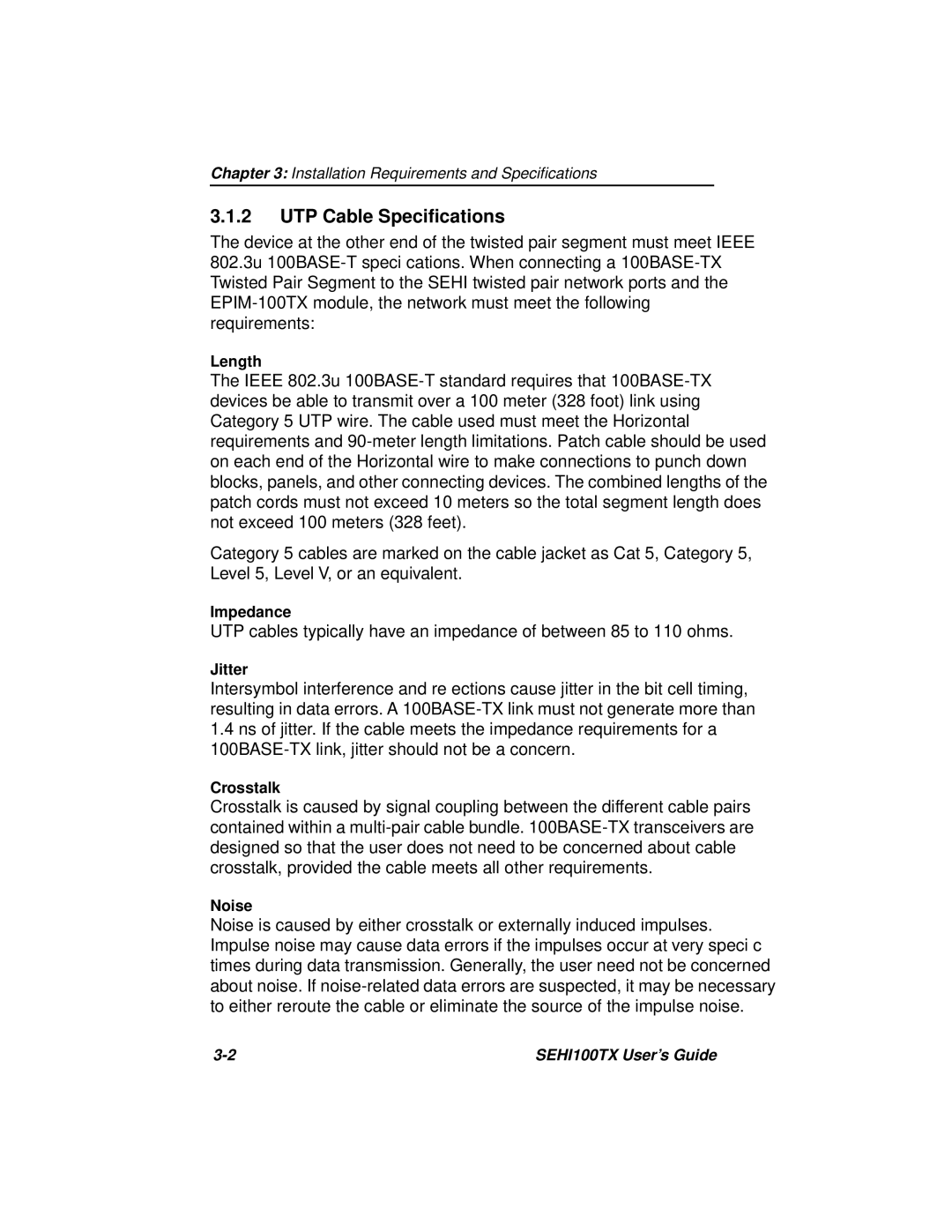 Cabletron Systems SEHI100TX-22 manual UTP Cable Speciﬁcations 