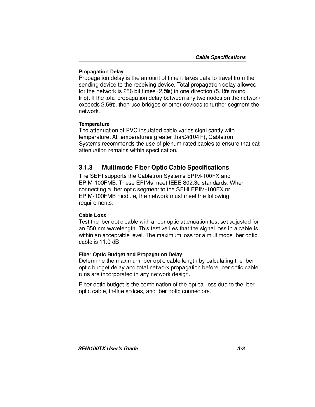 Cabletron Systems SEHI100TX-22 manual Multimode Fiber Optic Cable Speciﬁcations 