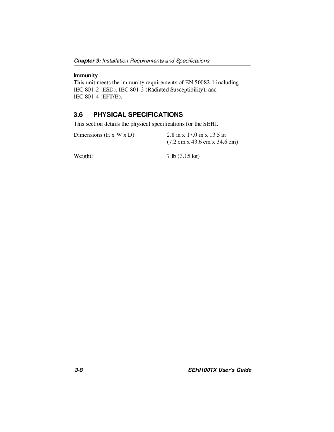 Cabletron Systems SEHI100TX-22 manual Physical Specifications 