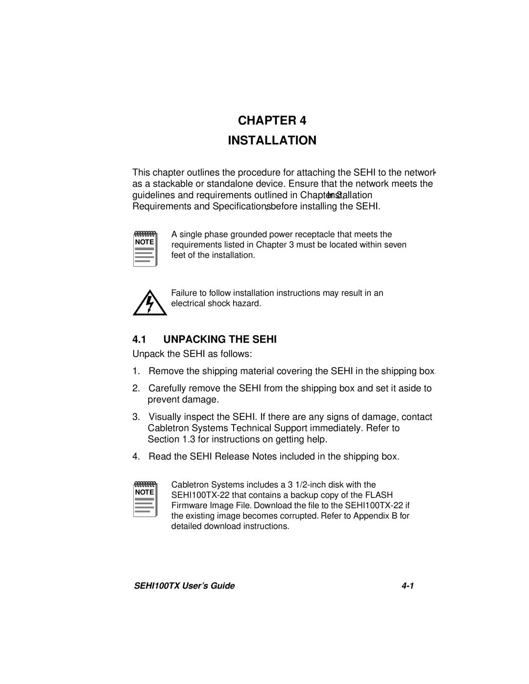 Cabletron Systems SEHI100TX-22 manual Chapter Installation, Unpacking the Sehi 