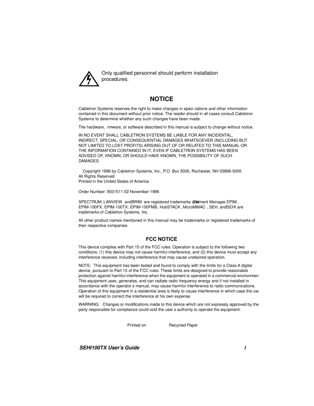 Cabletron Systems SEHI100TX-22 manual SEHI100TX User’s Guide 