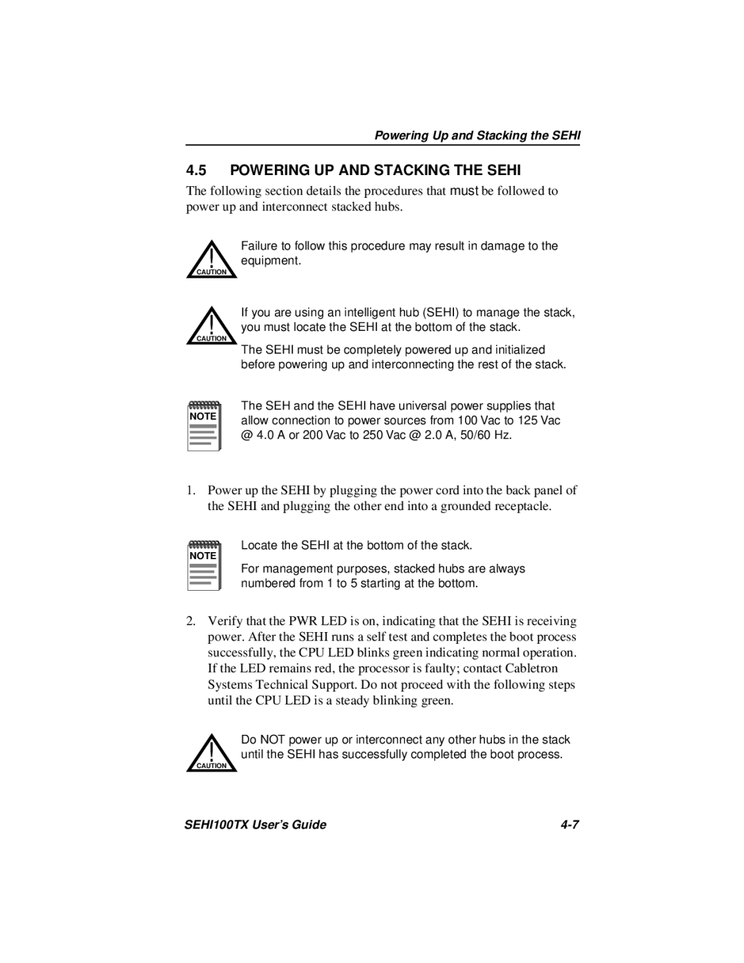 Cabletron Systems SEHI100TX-22 manual Powering UP and Stacking the Sehi 
