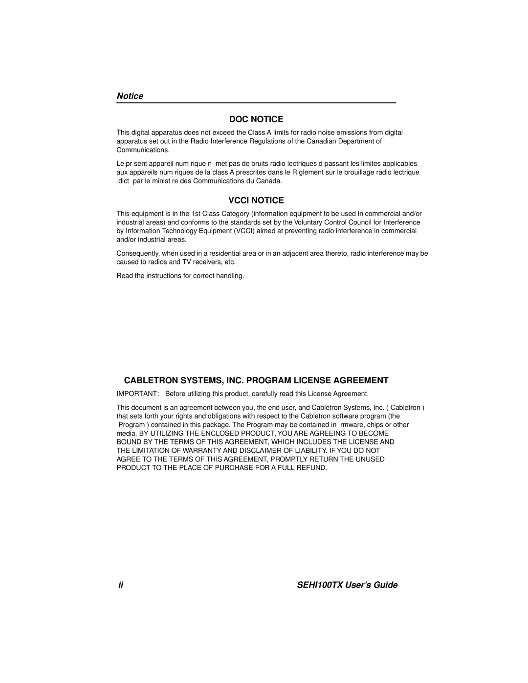 Cabletron Systems SEHI100TX-22 manual DOC Notice 