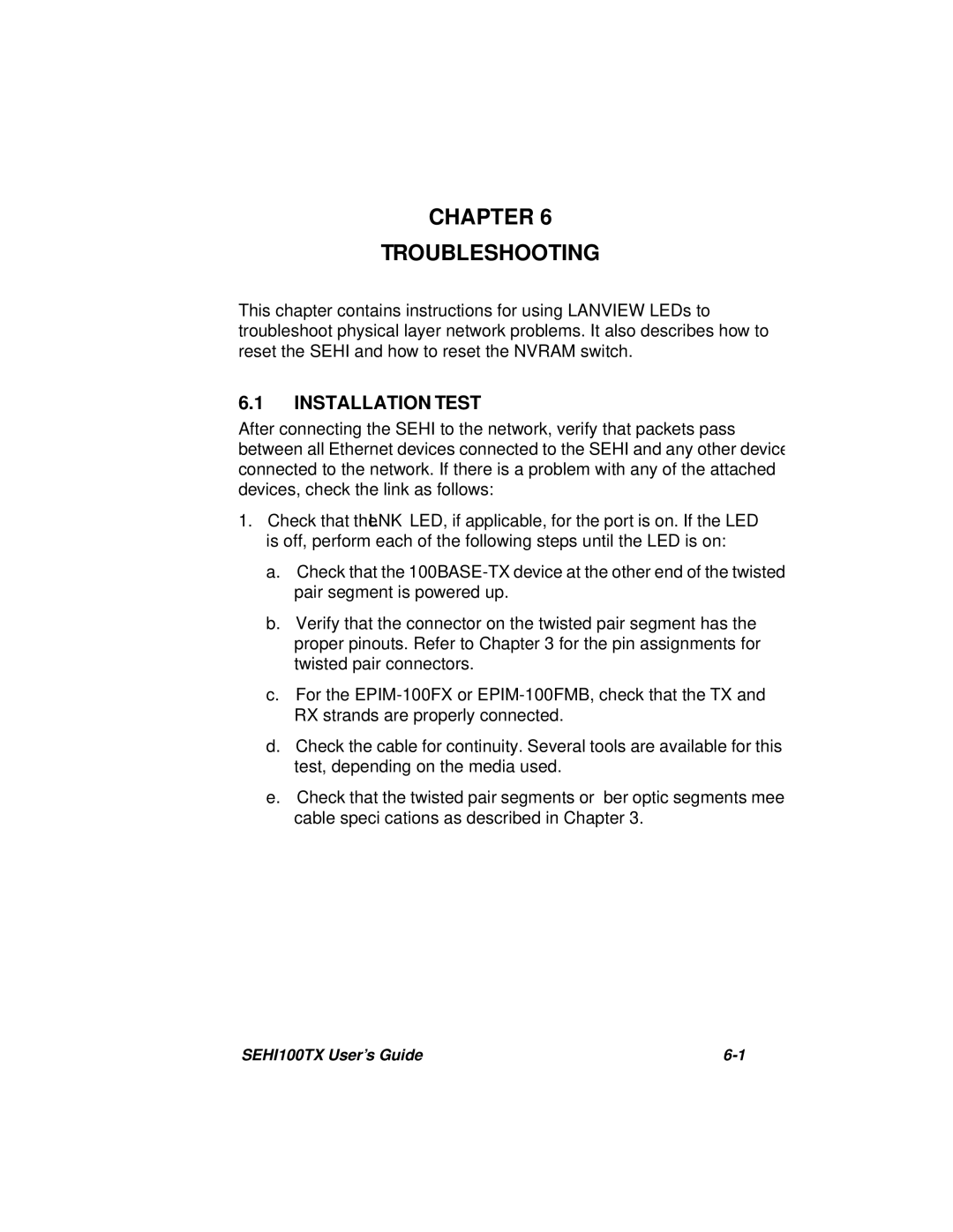 Cabletron Systems SEHI100TX-22 manual Chapter Troubleshooting, Installation Test 