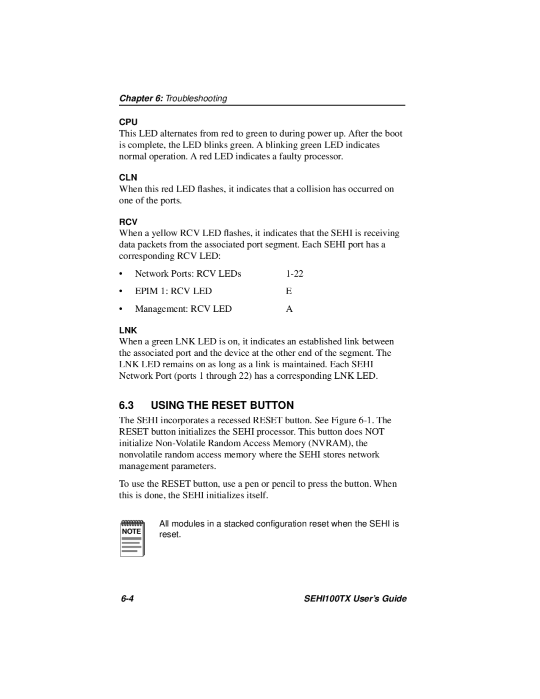 Cabletron Systems SEHI100TX-22 manual Using the Reset Button, Epim 1 RCV LED 