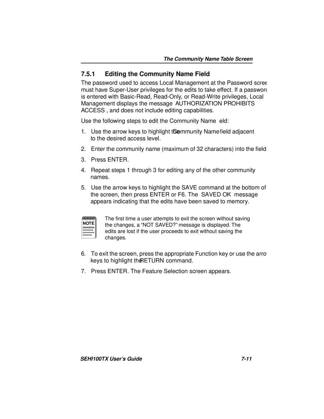 Cabletron Systems SEHI100TX-22 manual Editing the Community Name Field 