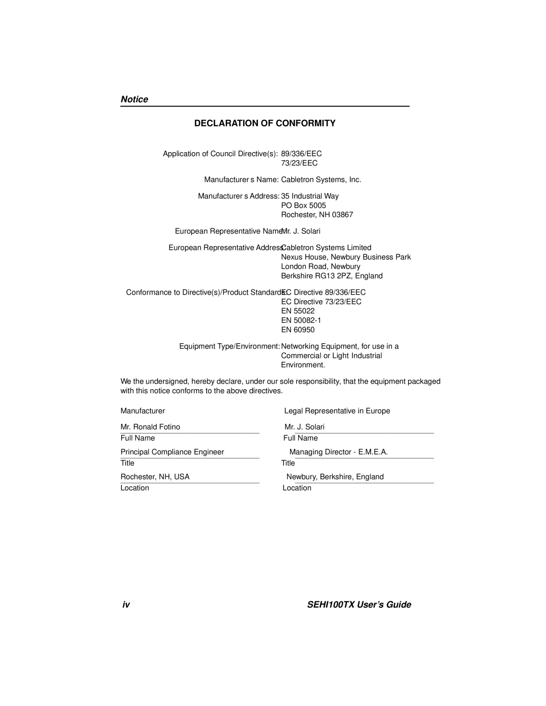 Cabletron Systems SEHI100TX-22 manual Declaration of Conformity 