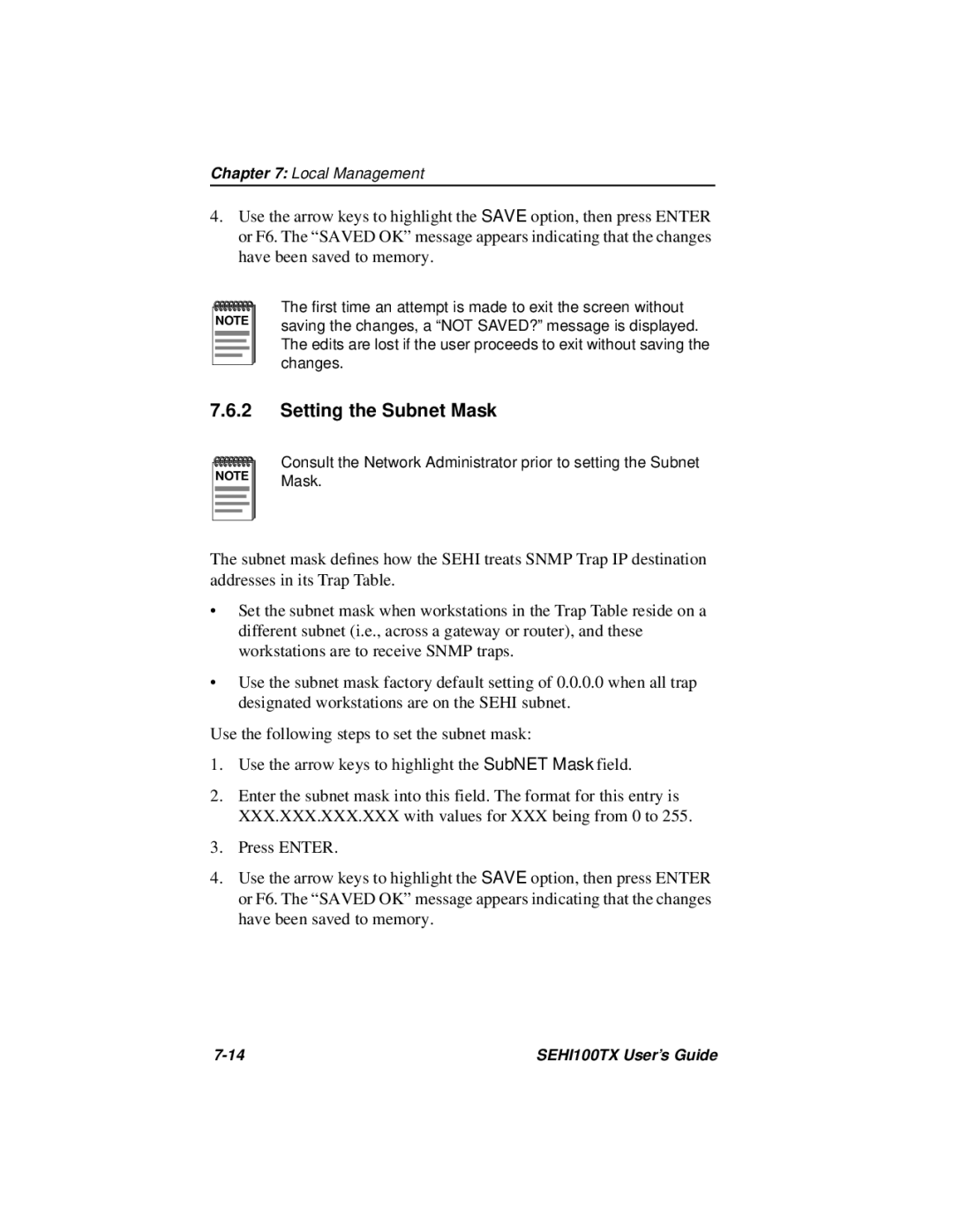 Cabletron Systems SEHI100TX-22 manual Setting the Subnet Mask 