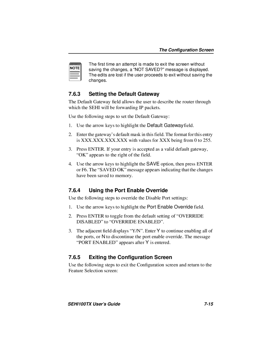 Cabletron Systems SEHI100TX-22 manual Setting the Default Gateway, Using the Port Enable Override 