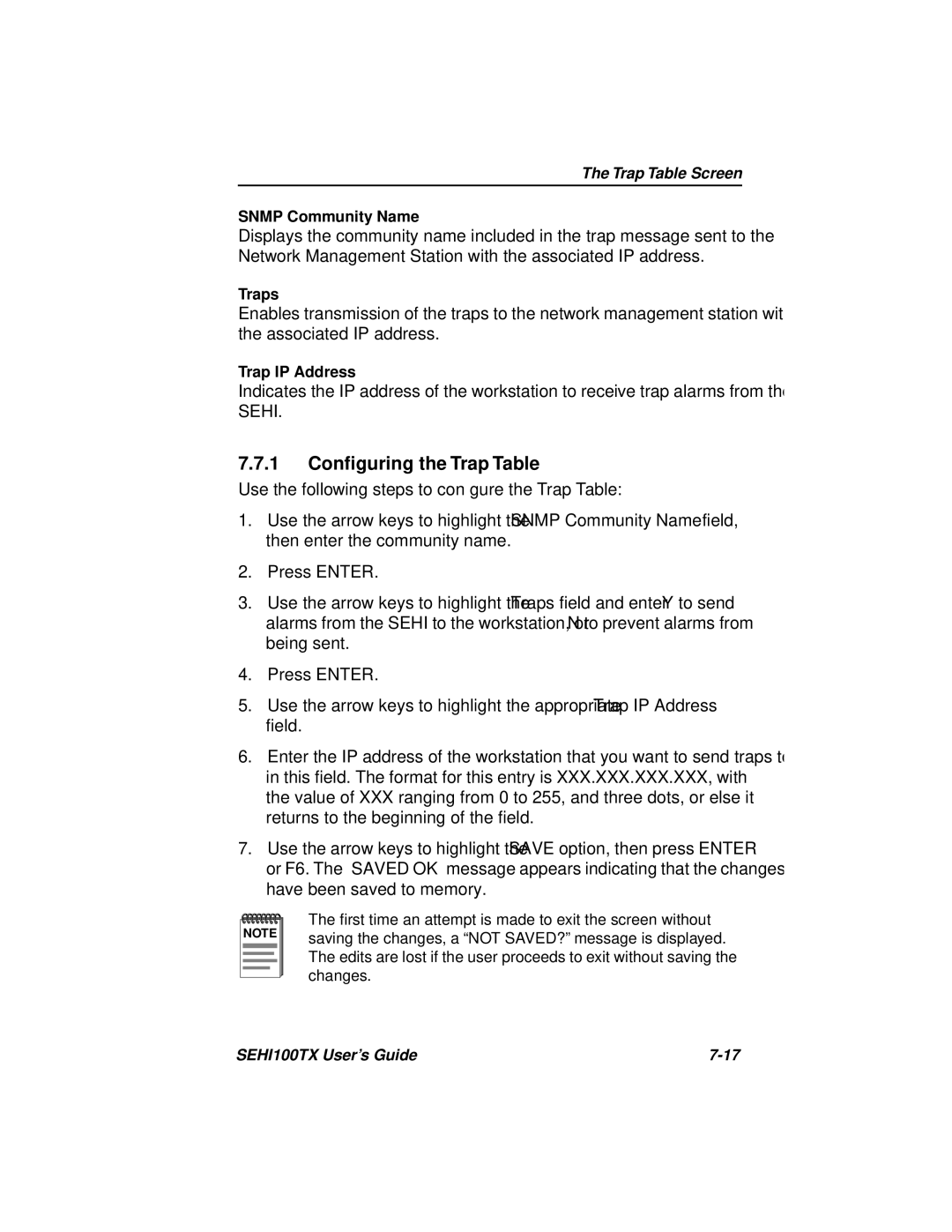 Cabletron Systems SEHI100TX-22 manual 1 Conﬁguring the Trap Table 