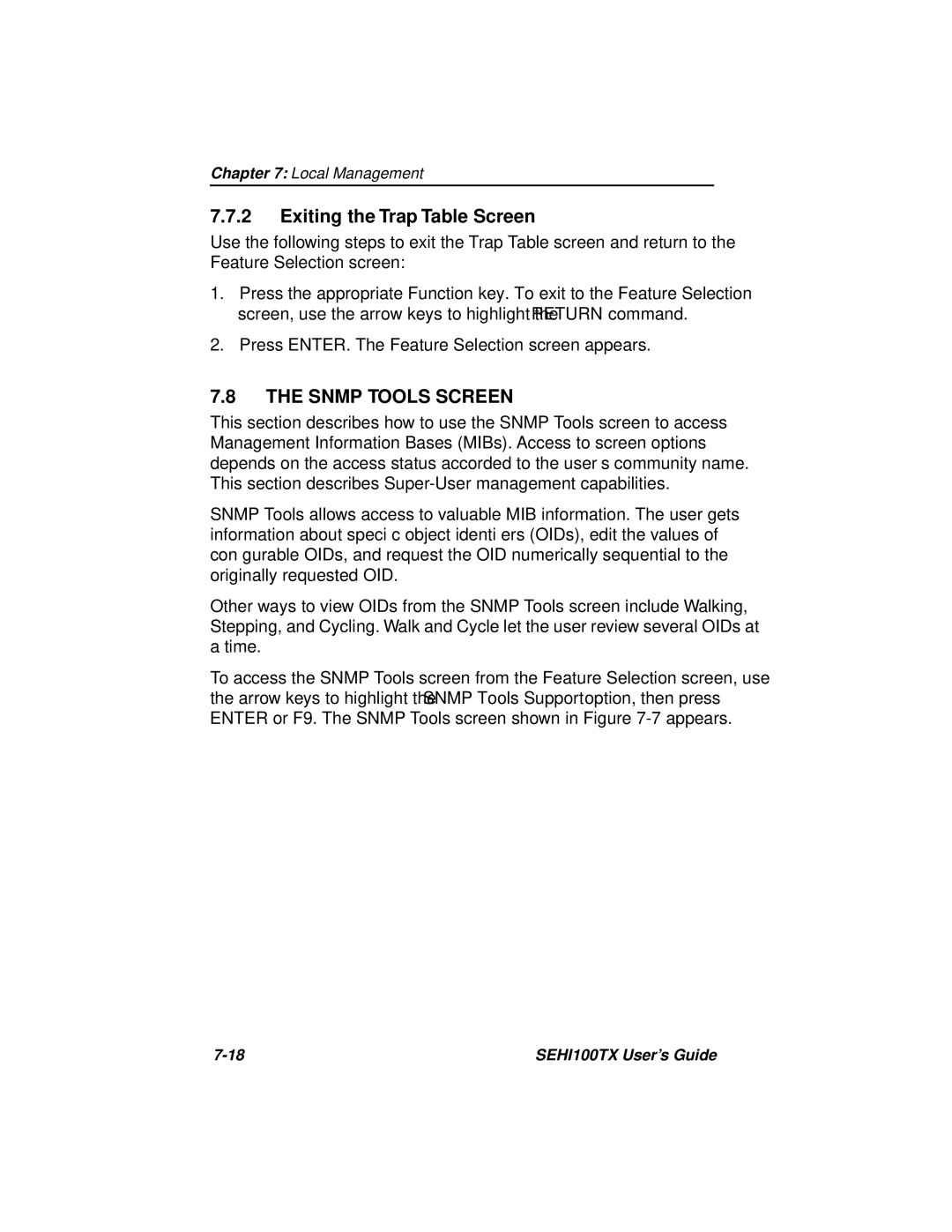 Cabletron Systems SEHI100TX-22 manual Exiting the Trap Table Screen, Snmp Tools Screen 