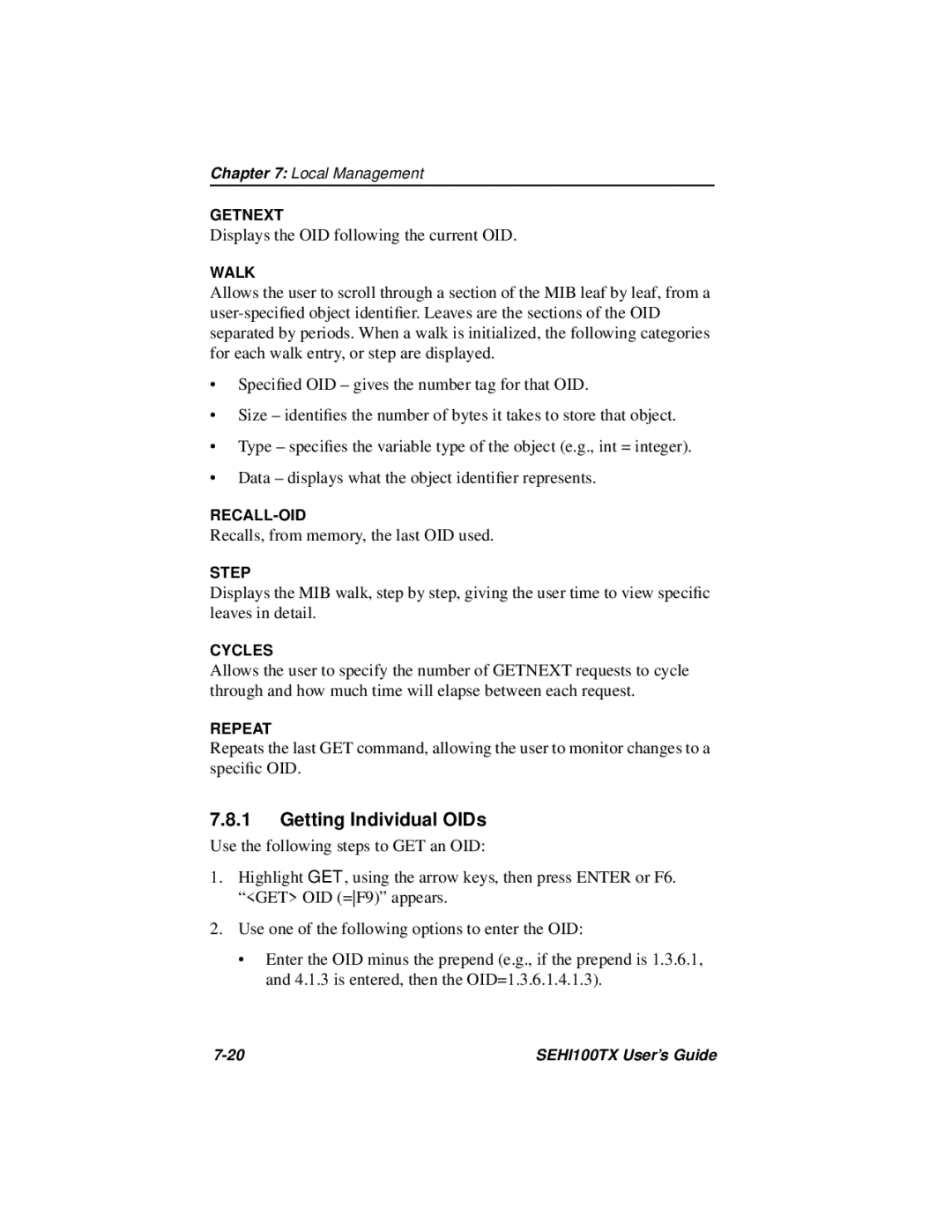 Cabletron Systems SEHI100TX-22 manual Getting Individual OIDs 