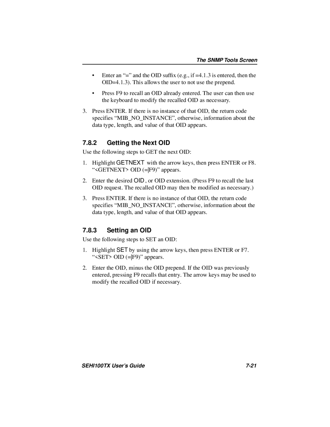 Cabletron Systems SEHI100TX-22 manual Getting the Next OID, Setting an OID 