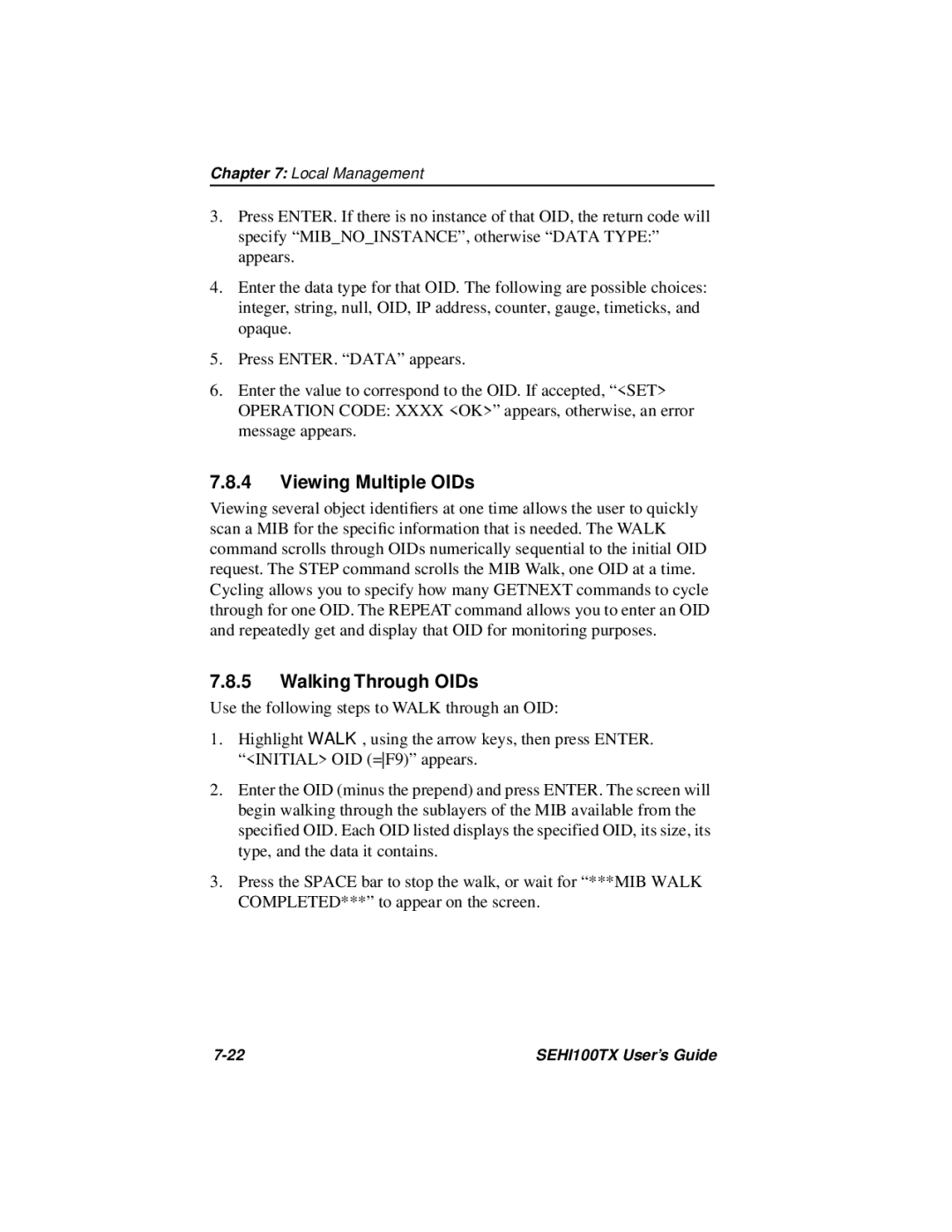 Cabletron Systems SEHI100TX-22 manual Viewing Multiple OIDs, Walking Through OIDs 