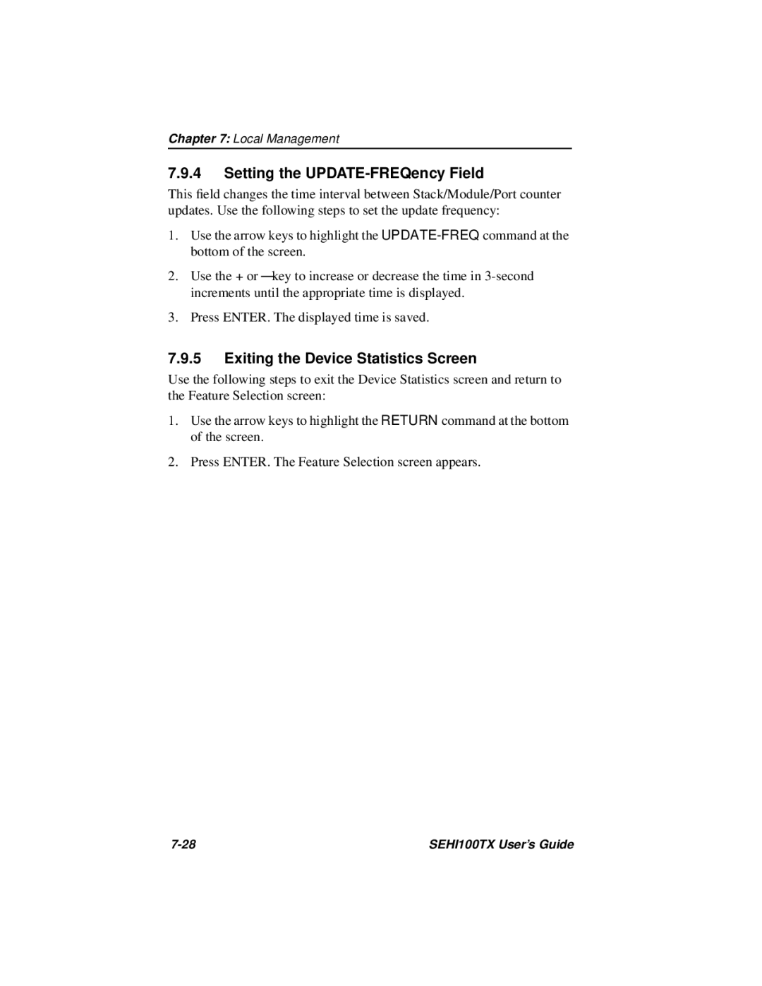 Cabletron Systems SEHI100TX-22 manual Setting the UPDATE-FREQency Field, Exiting the Device Statistics Screen 