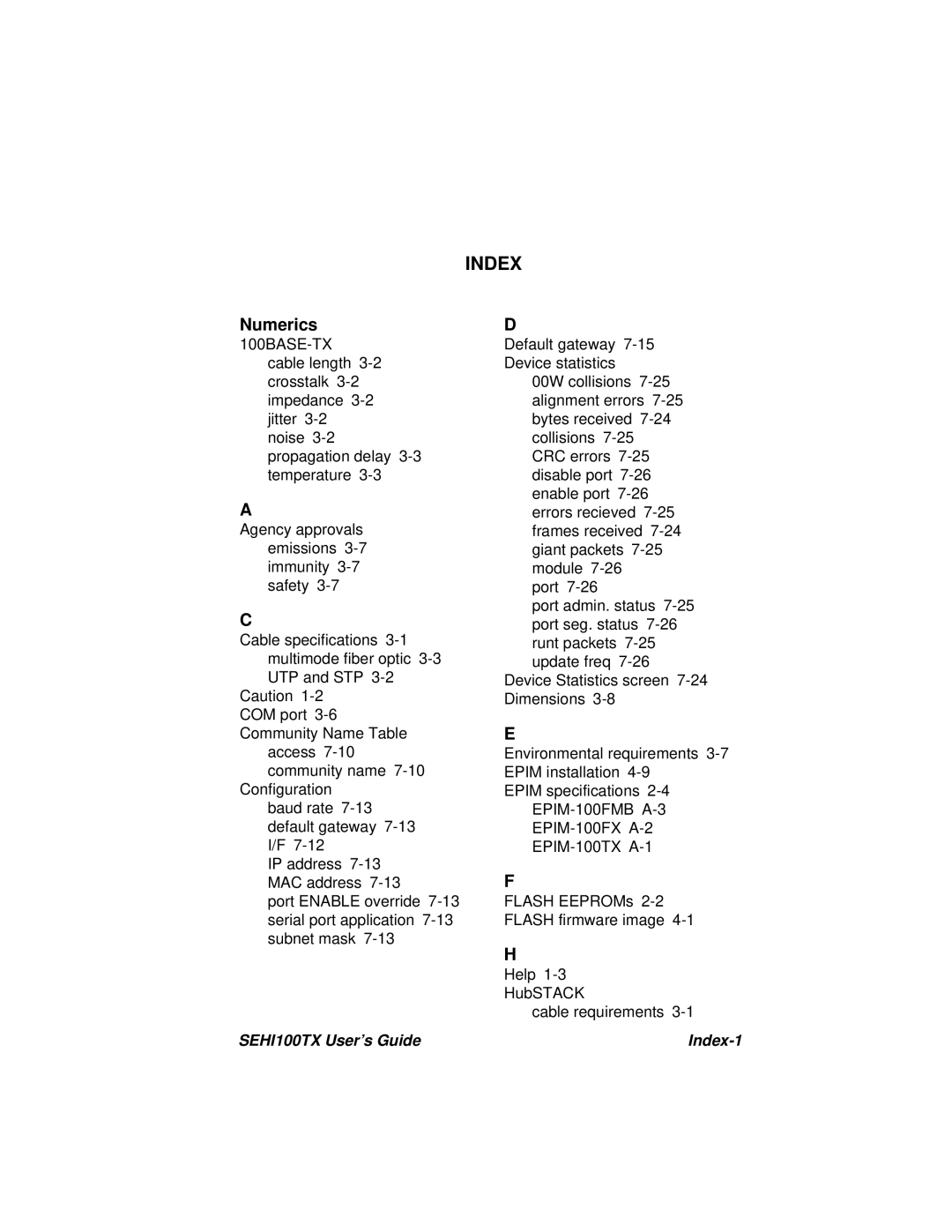 Cabletron Systems SEHI100TX-22 manual Index, Numerics 