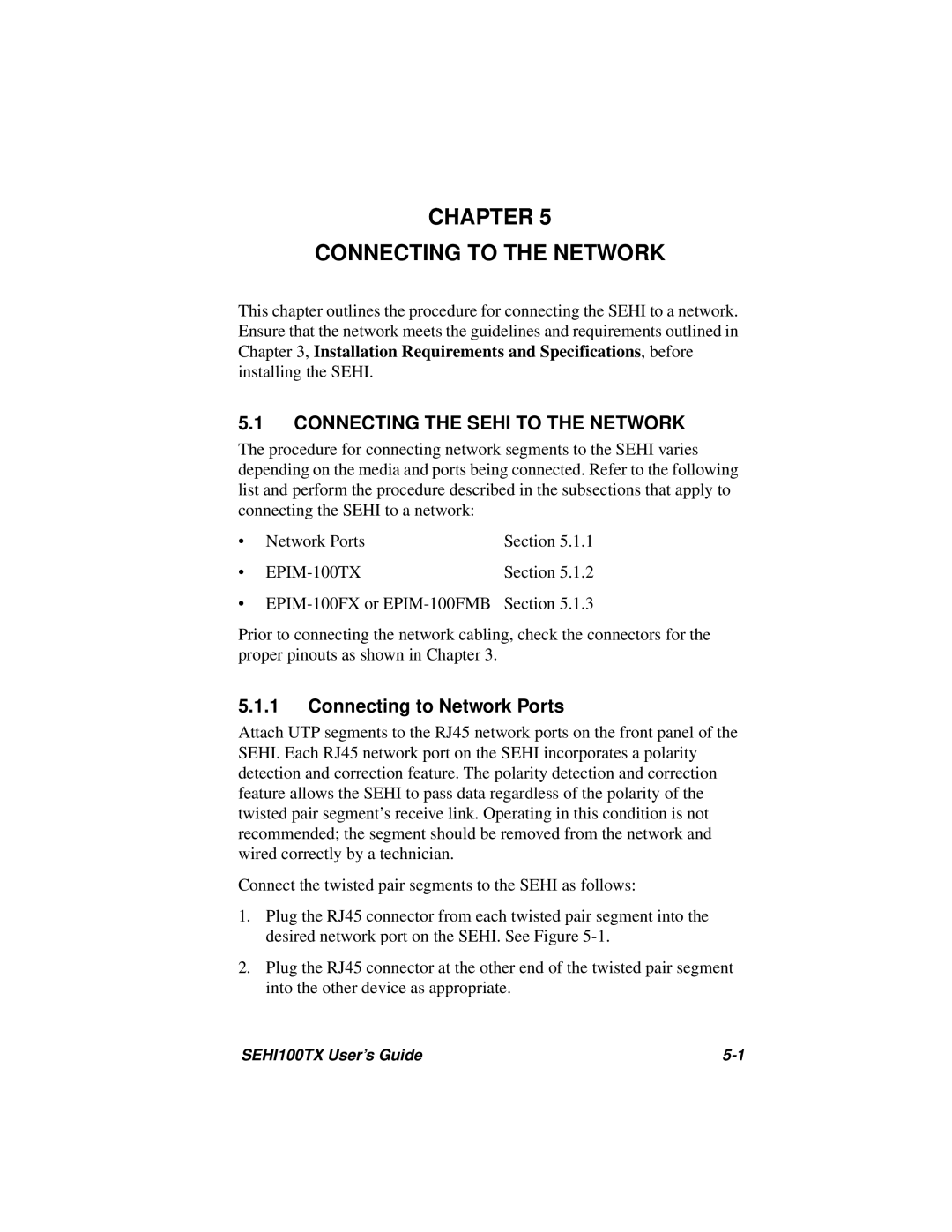 Cabletron Systems SEHI100TX-22 manual Chapter Connecting To The Network, Connecting The Sehi To The Network 