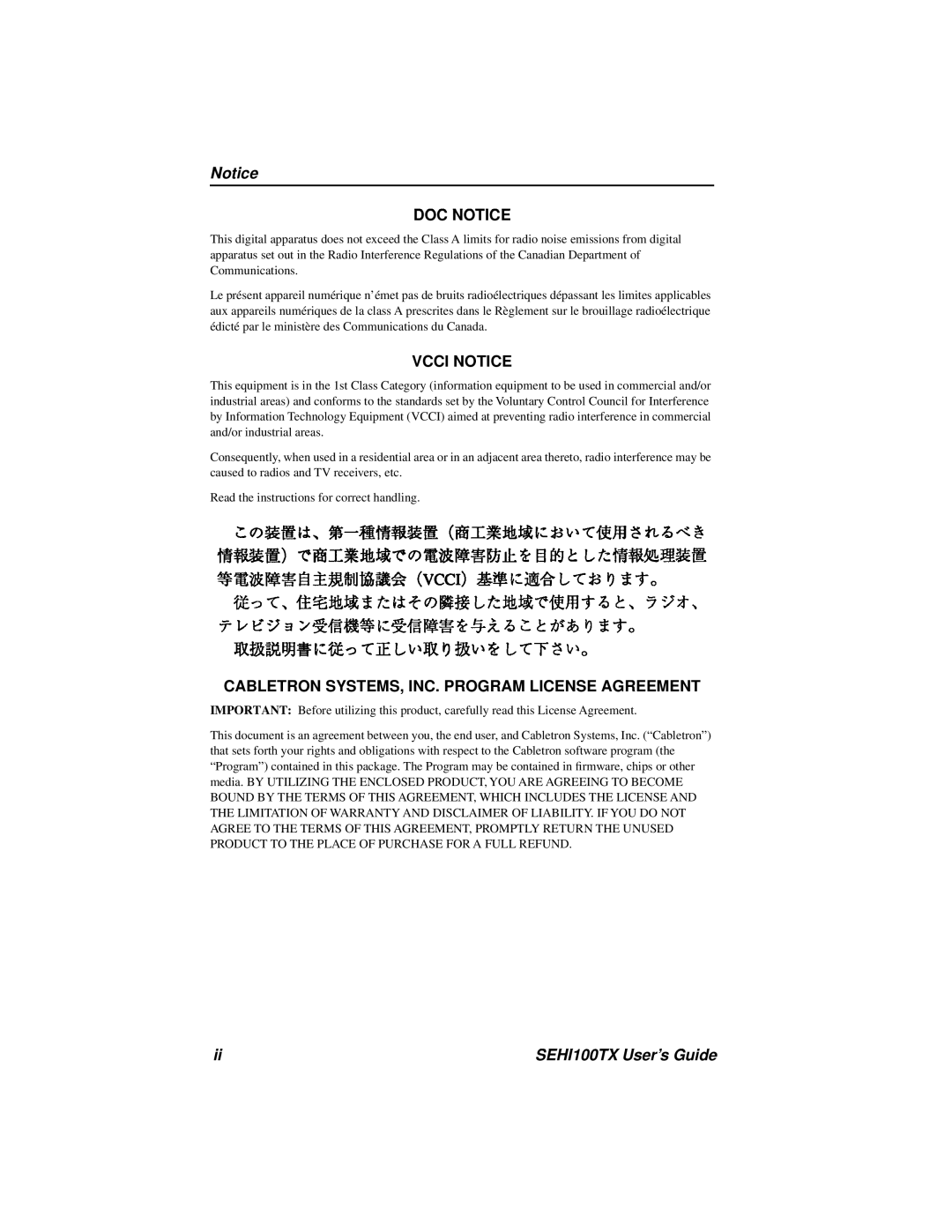 Cabletron Systems SEHI100TX-22 manual Doc Notice, Vcci Notice, Cabletron Systems, Inc. Program License Agreement 