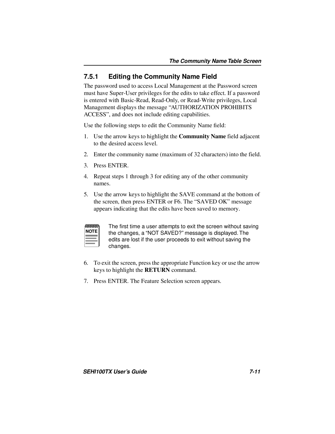 Cabletron Systems SEHI100TX-22 manual Editing the Community Name Field 