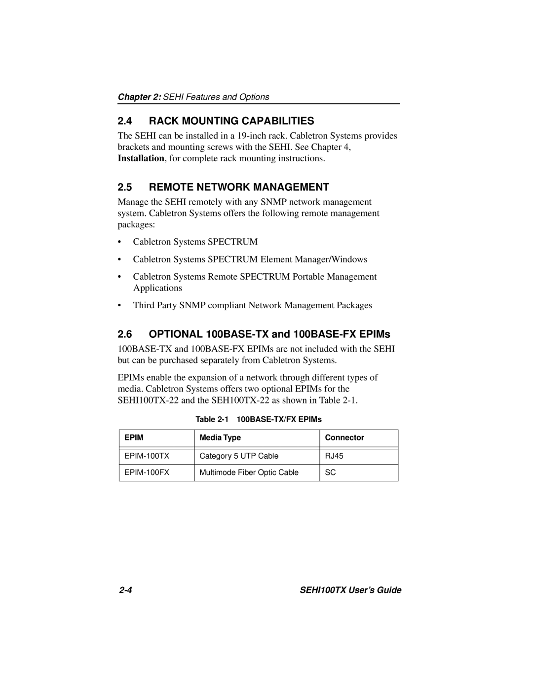 Cabletron Systems SEHI100TX manual Rack Mounting Capabilities, Remote Network Management 