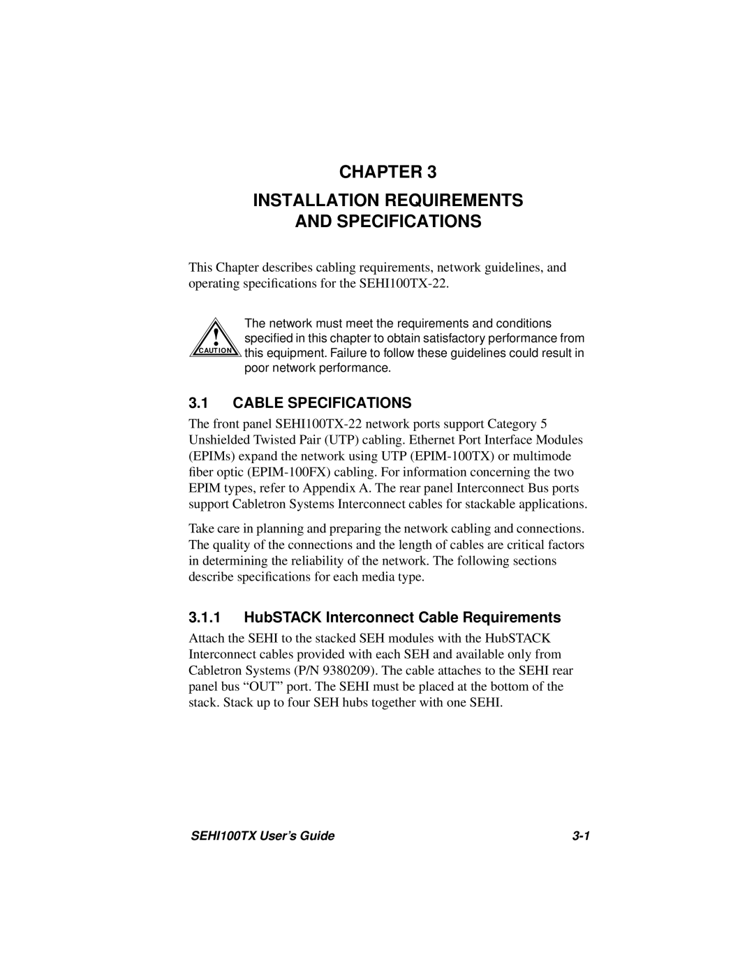 Cabletron Systems SEHI100TX manual Chapter Installation Requirements Specifications, Cable Specifications 