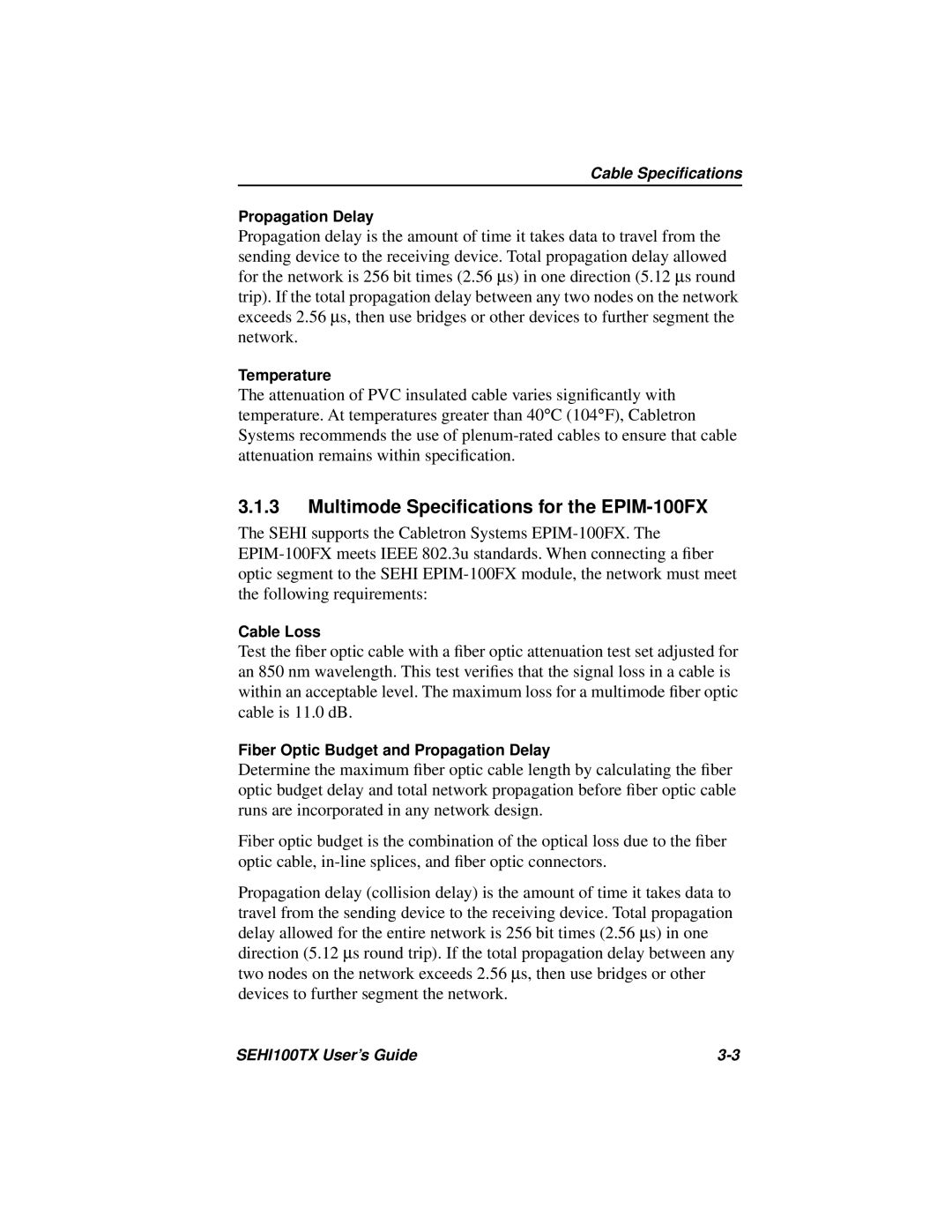 Cabletron Systems SEHI100TX manual Multimode Speciﬁcations for the EPIM-100FX 