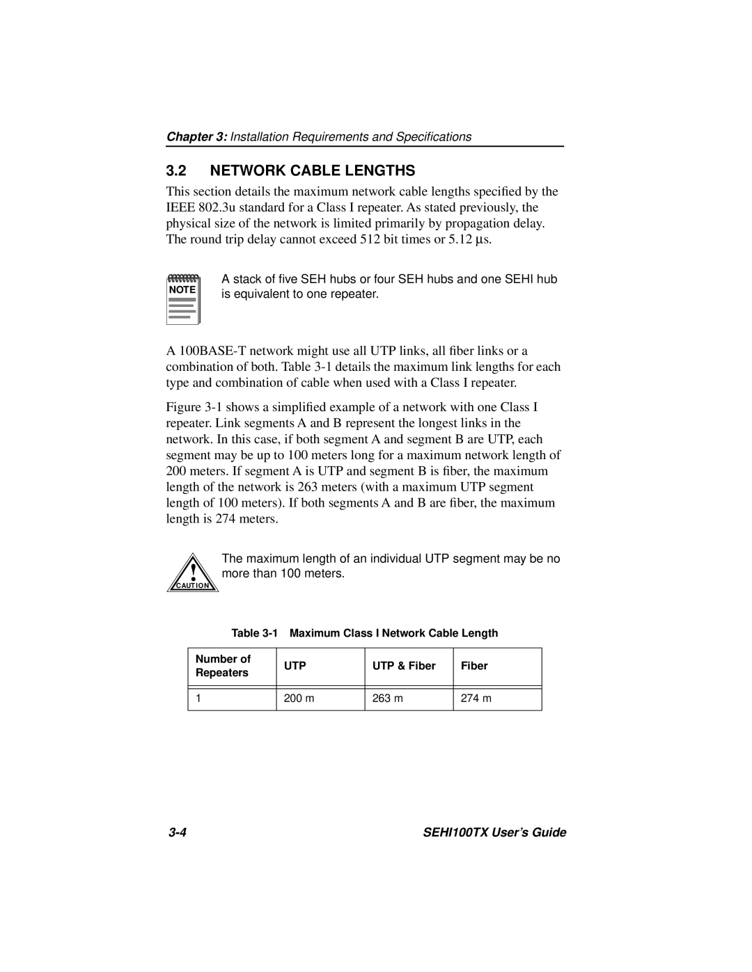 Cabletron Systems SEHI100TX manual Network Cable Lengths 