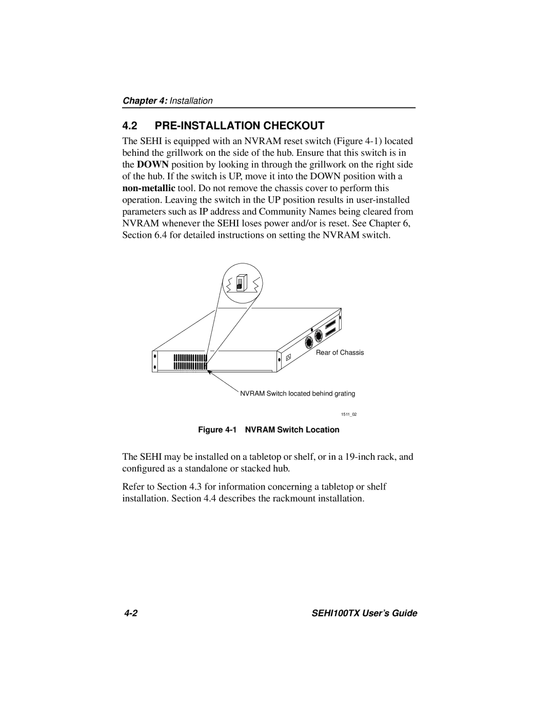 Cabletron Systems SEHI100TX manual PRE-INSTALLATION Checkout, Nvram Switch Location 